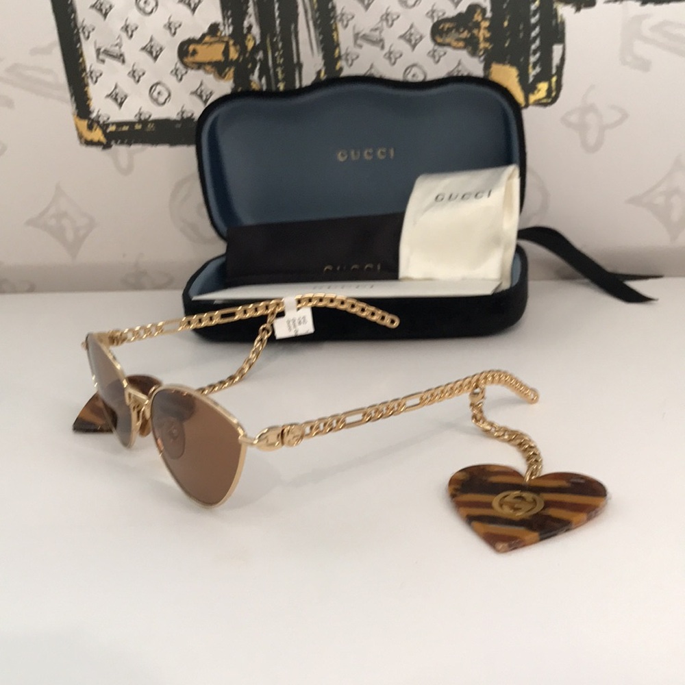 New Authentic Gucci GG0977S 002 Gold Cat-Eye Sunglasses Brown Lenses - Picture 5 of 11